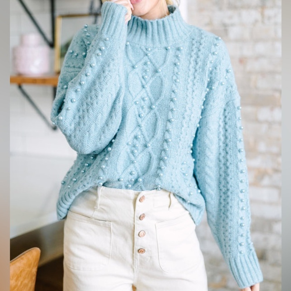 NWT Fate: Just A Thought Pearl Sky Blue Embellished Cable Knit Chunky Sweater